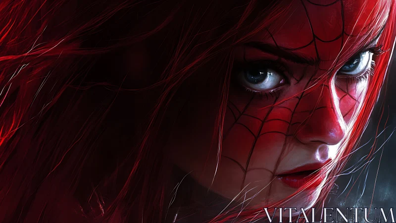 Intense red‑haired heroine in webbed mask close‑up portrait.