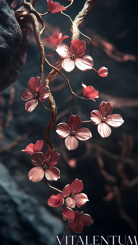 Red Blossoms on Weathered Branch in Atmospheric Light.