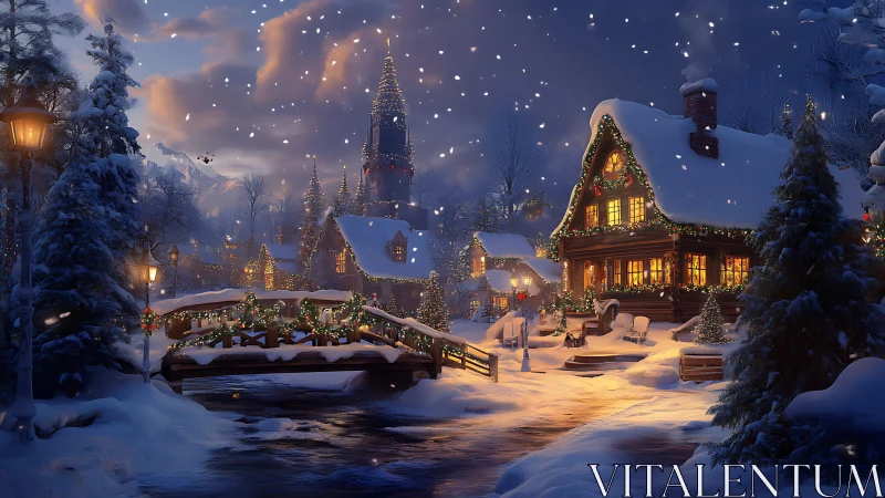 Snow-covered village with illuminated houses at dusk.