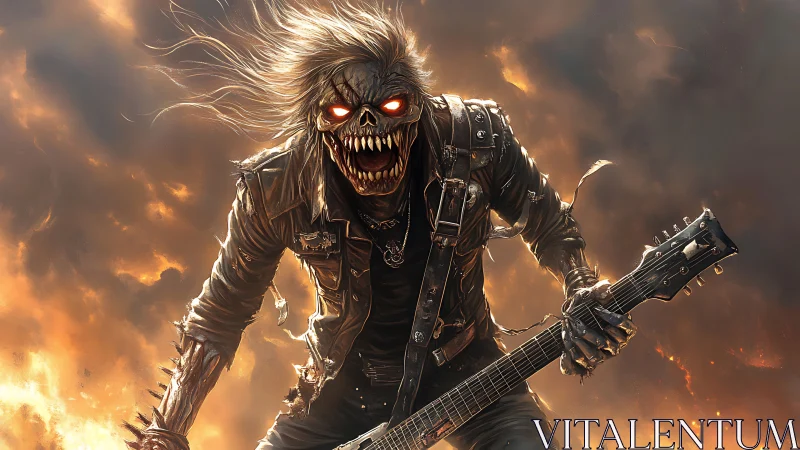 Fiery undead rock guitarist unleashing a wild inferno solo.