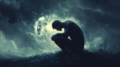 Moonlit silhouette cradling midnight storms of the soul.
