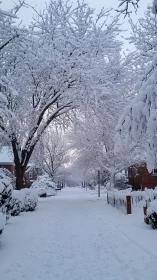 Snow-laden residential walkway shows dense arboreal canopy alignment