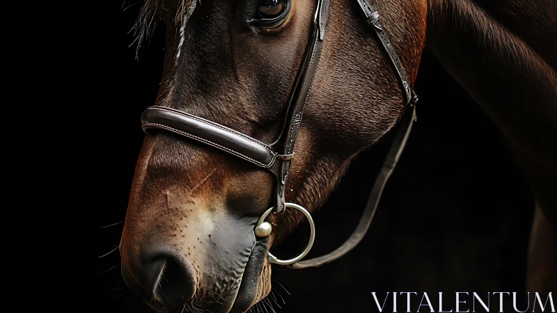 Close-up profile of bridled brown horse on dark background.