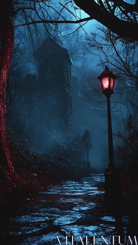 Deserted cobblestone path cuts toward eerie tower at night