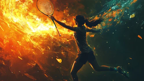 Tennis player swings racket through explosive fiery motion
