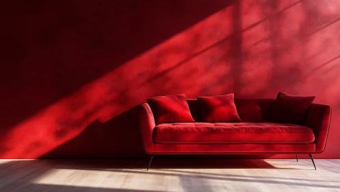 Red velvet sofa anchors minimalist living room in sunlight