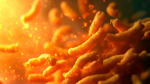 Macro close-up of cheese snack curls in dynamic motion field