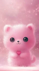 Fluffy pink chibi kitten holds heart in soft bokeh glow