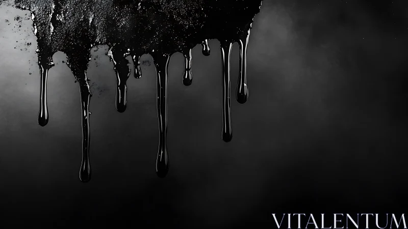 Viscous black liquid drips vertically against dark backdrop