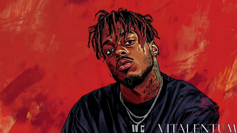 Bold digital portrait against intense red painted backdrop.