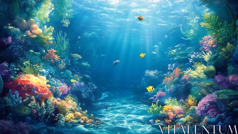 Underwater coral reef environment is illuminated by sunlight