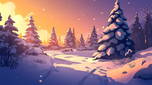 Sunlit winter forest clearing under glowing dusk sky.