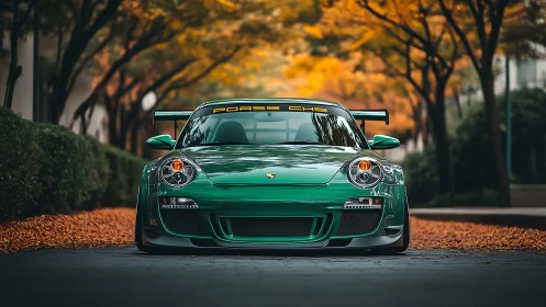 Emerald street racer prowls through a quiet autumn tunnel.
