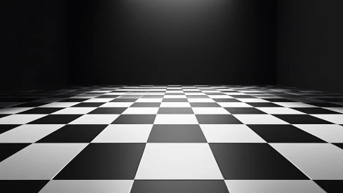 Checkerboard floor extends toward dark empty background