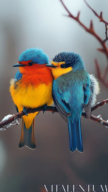 Two Kingfishers Perched on Frost-Kissed Branch.