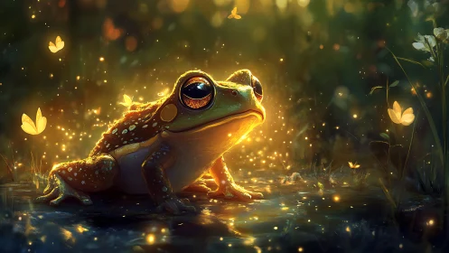 Bioluminescent frog illuminated by ethereal golden fireflies