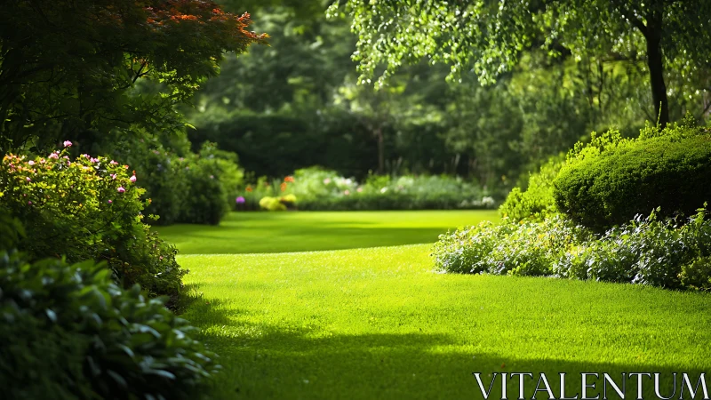 Sunlit formal lawn with manicured borders and layered foliage depth