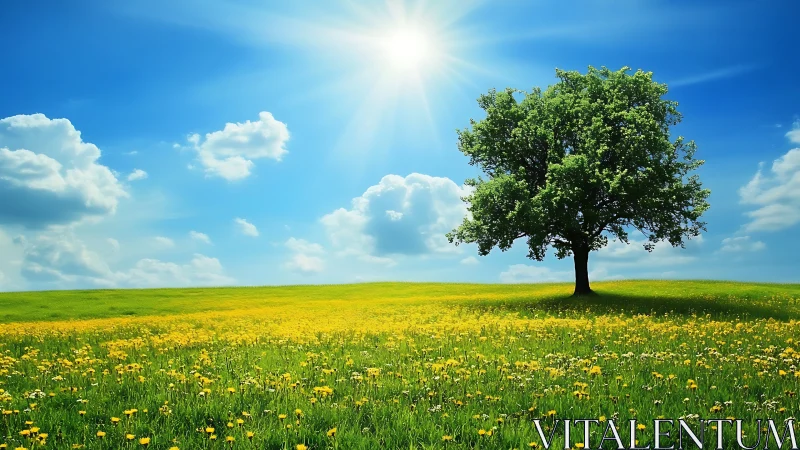 Single green tree stands in sunny field of yellow wildflowers