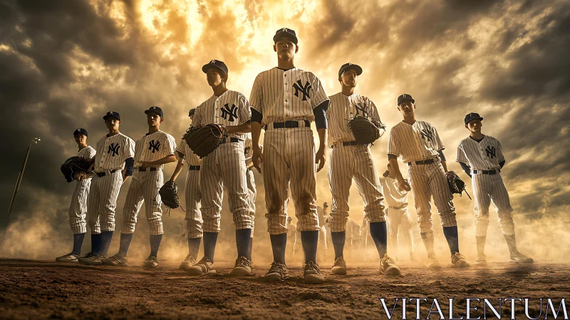 Dramatic low-angle portrait of baseball team in storm light.