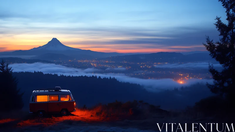 Lonely camper van trades secrets with a glowing misty city