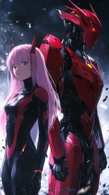 Neon pilot and crimson mech sentinel in stormlight standoff.