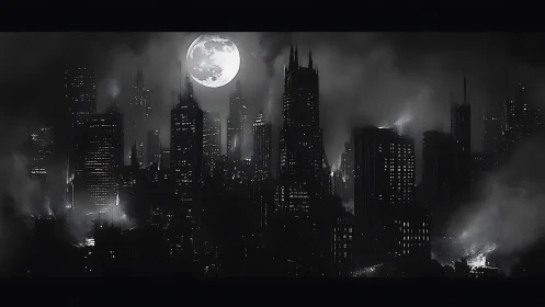 Moonlit gothic skyline wrapped in smoky midnight shadows.