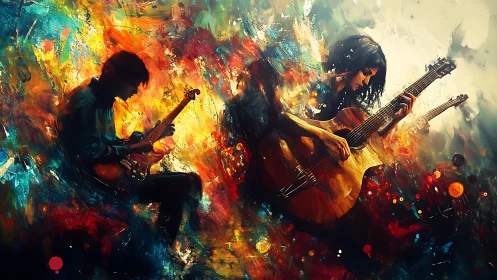 Two guitarists in abstract multicolored digital artwork scene.