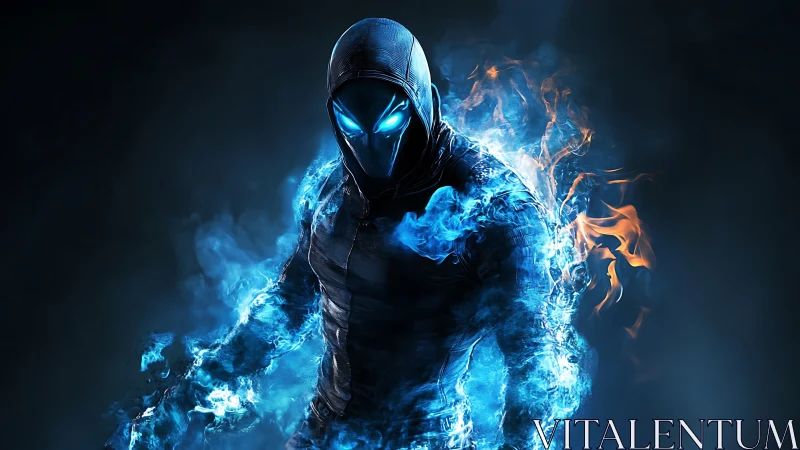 Hooded elemental warrior strides through swirling blue fire