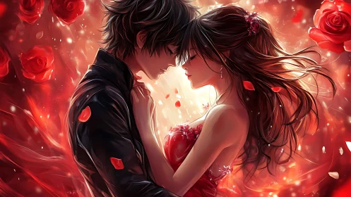Romantic Anime Kiss Illuminated by Glowing Red Roses.