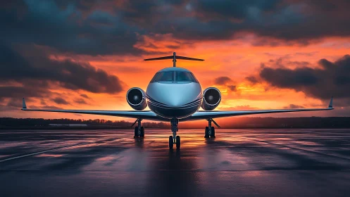 Private jet on wet runway at vivid orange sunset.