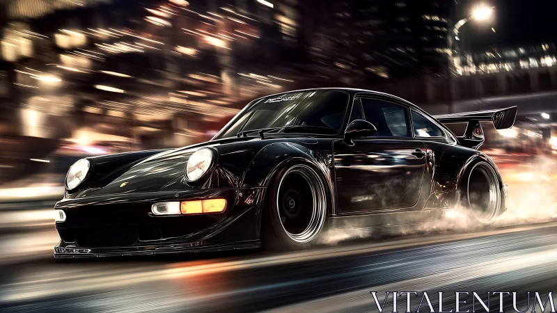 Midnight sports car surges through glowing city streets