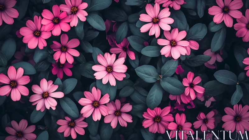 Pink cosmos flowers bloom against deep teal foliage. Contrast.