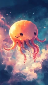 Cute luminous jellyfish drifts through painterly celestial clouds