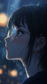 Rainlit glasses catch city ghosts while she quietly dreams