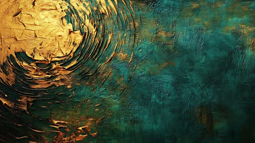 Abstract textured oil painting with gold and teal swirls.