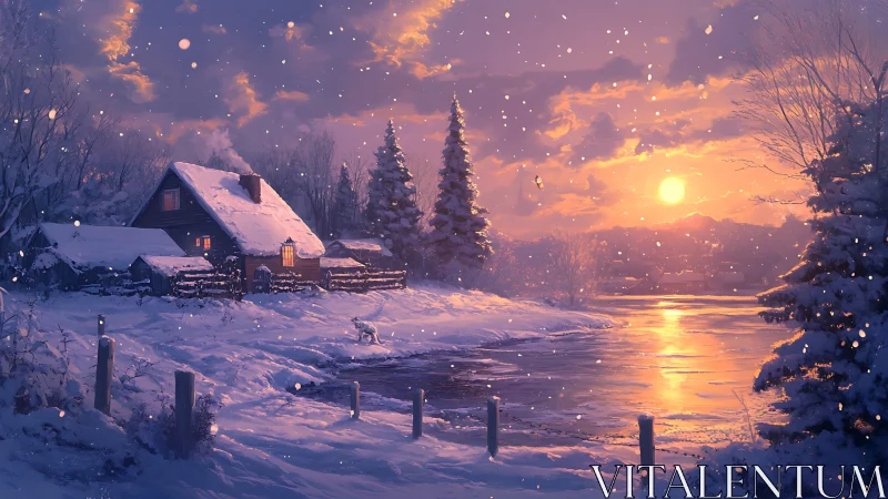 Snowy riverside cabin under glowing winter sunset sky.
