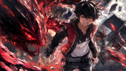 Crimson spectral dragon manifesting from enraged anime fighter.