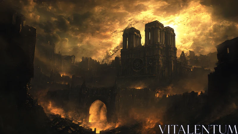 Gothic cathedral ruins in burning apocalyptic cityscape.