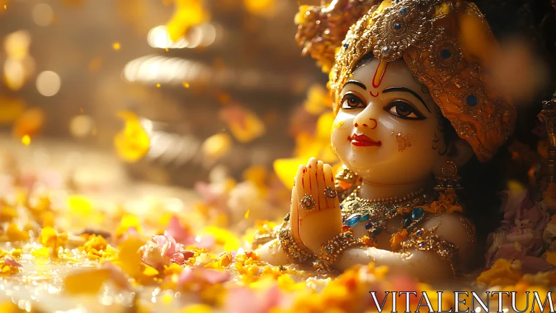 Gentle deity statue surrounded by glowing golden petals.