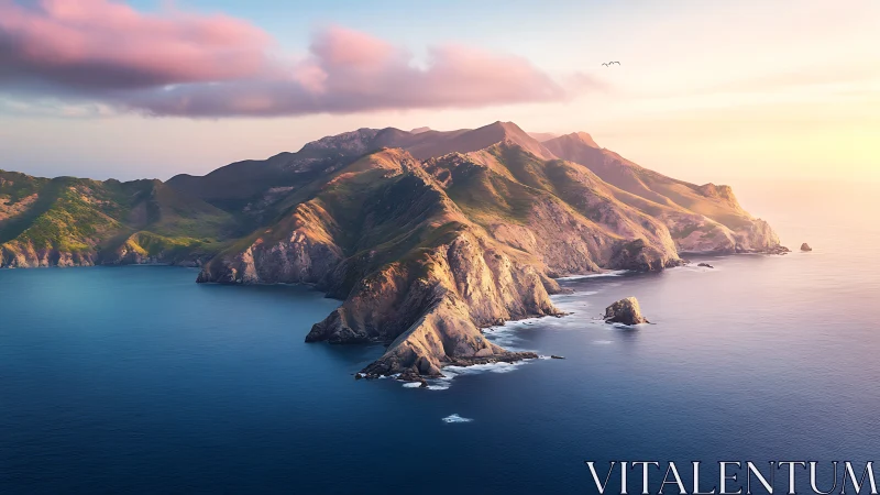 Volcanic Island at Sunset Over Blue Ocean Waters.