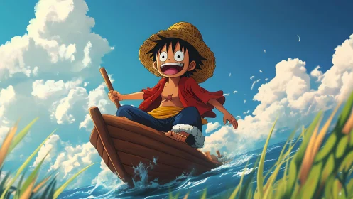 Straw hat boy rides wooden boat across bright blue water