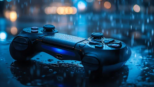 Dual Gaming Controllers with Water Resistance in Rainy Urban Bokeh Setting