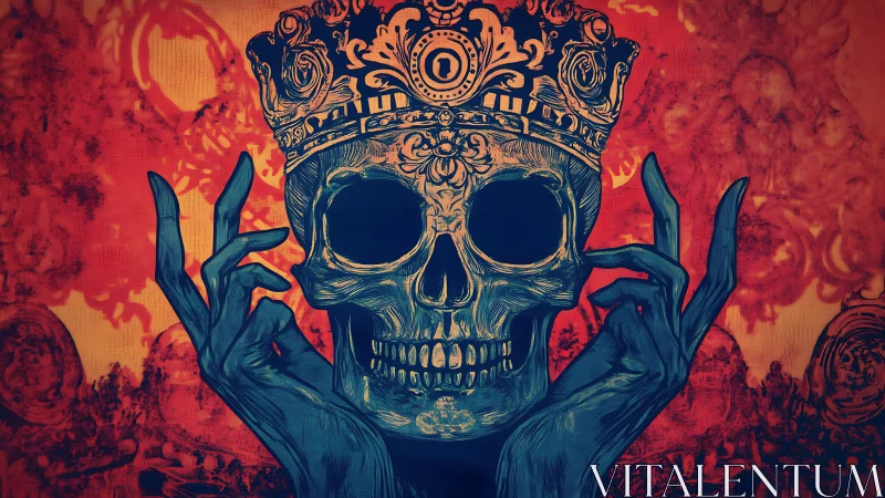Ornate crowned skull with stylized blue hands on fiery ground