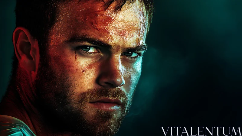 Photorealistic cinematic portrait in dramatic rim lighting.