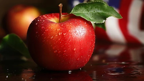 Macro optical study of dew‑laden red apple on wet surface.