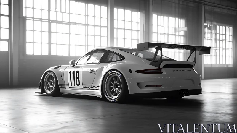 White race car with rear wing parked in bright warehouse.