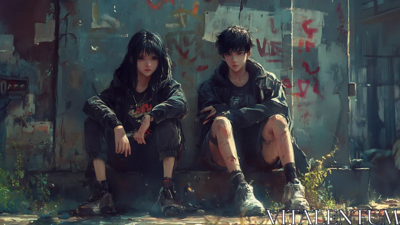 Urban duo resting in a quiet alley of worn concrete and color.