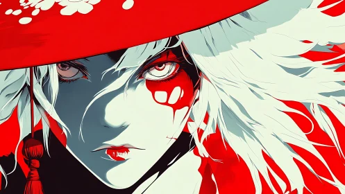 Scarlet-eyed warrior in stylized red and white contrast.