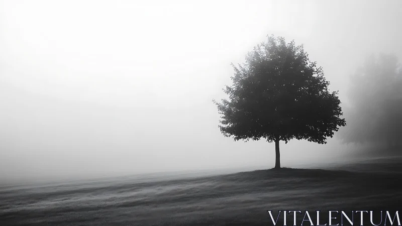 Solitary tree anchors misty grayscale landscape horizon.