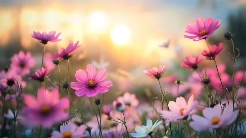 Pink Cosmos Flowers Glowing in Golden Sunrise Light.